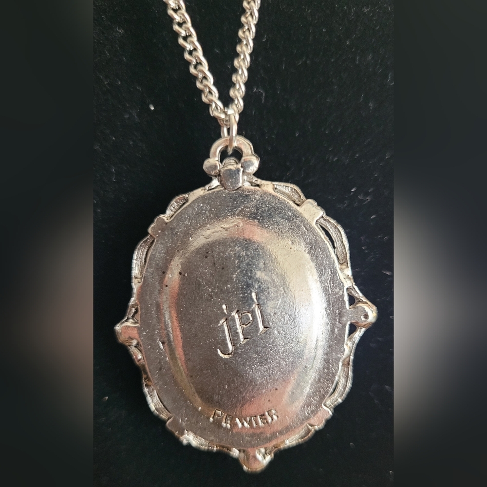Crimson Oval Pendant Necklace with Silver Chain By jpi. Pewter - Picture 4 of 4